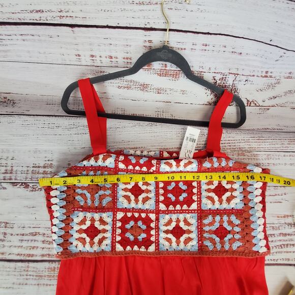 New York & Company L Cottage Ruffle Tier Dress Red Multi Crochet Top Flare Skirt - Picture 12 of 16